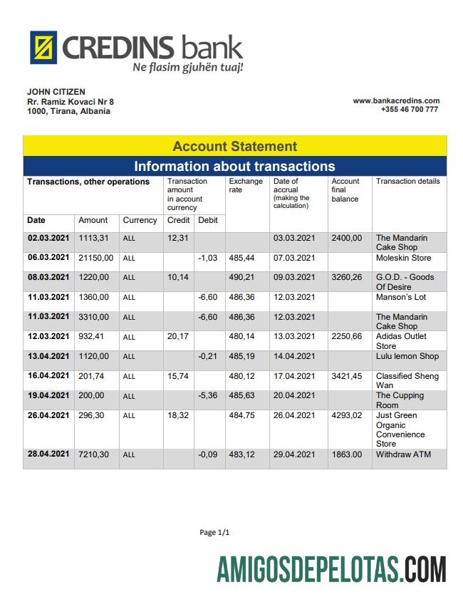 Albania Credins extrato bancário amostra